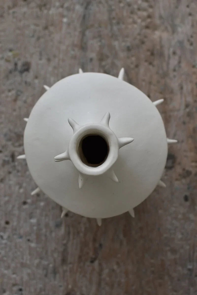 Upper view of handmade ceramic decorative flower vase with spikes