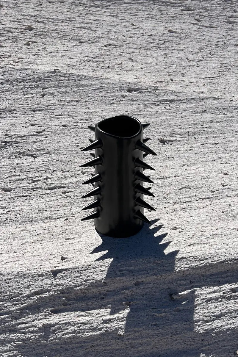 Pottery spiked black flower vase, handmade by OWO Ceramics